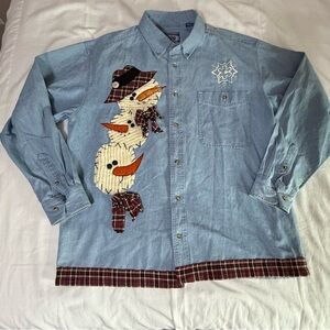 Allsport Denim Jean Shirt Size Large Longsleeve  Women Snowman Applique Teacher